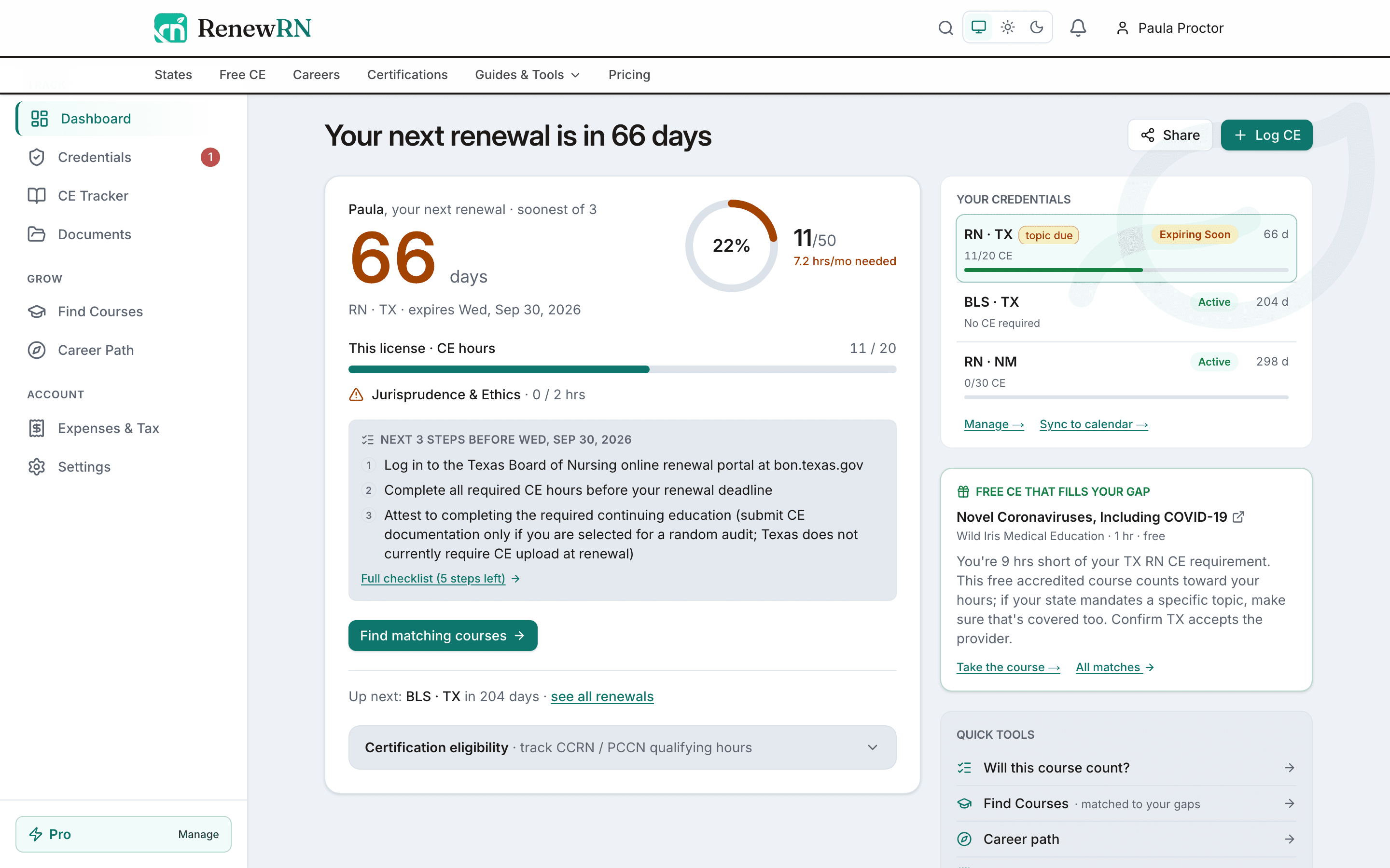 RenewRN dashboard showing a 70-day renewal countdown for a Texas RN license, the state's exact next renewal steps, CE progress, a credentials list with expiration timelines, and quick tools including 'will this course count?'